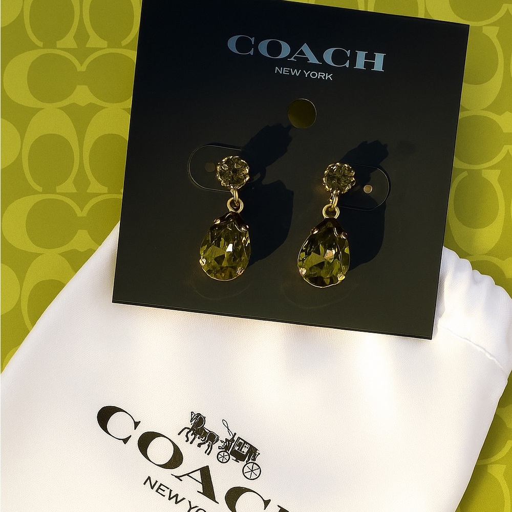 COACH Olive Green Teardrop Crystal Earrings | Gold-Tone | NWT | MSRP: $70 - Picture 2 of 4